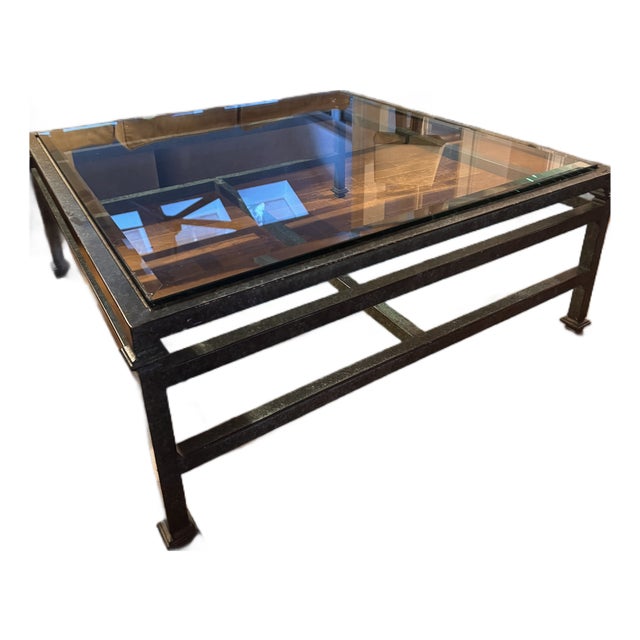 Vintage Iron and Glass Green Patina Coffee Table For Sale