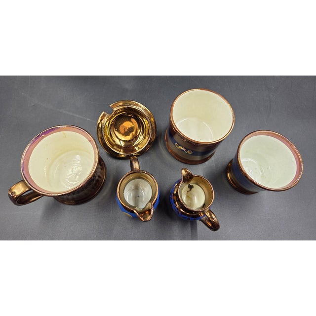 19th Century English Copper Lustreware Cobolt Blue Enamel Bands & Hand-Painterd Motifs 6 Piece Set For Sale - Image 16 of 18