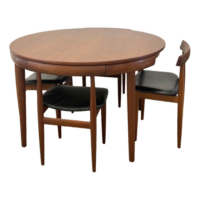 Vintage Roundette Dining Set in Teak and Black Leather by Hans Olsen for Frem Rojle, Denmark, 1950s, Set of 5 For Sale