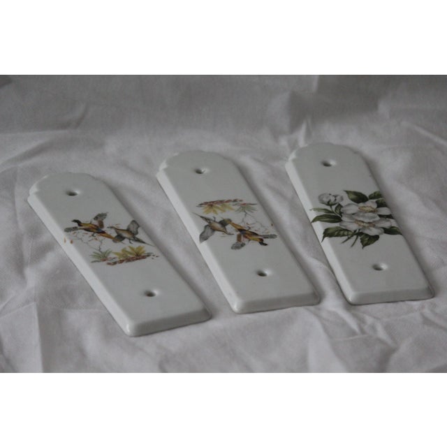 French vintage Paris Porcelain Door Finger Plate Flowers decor Floral Birds White Green Porcelaine de Paris, France. Set...