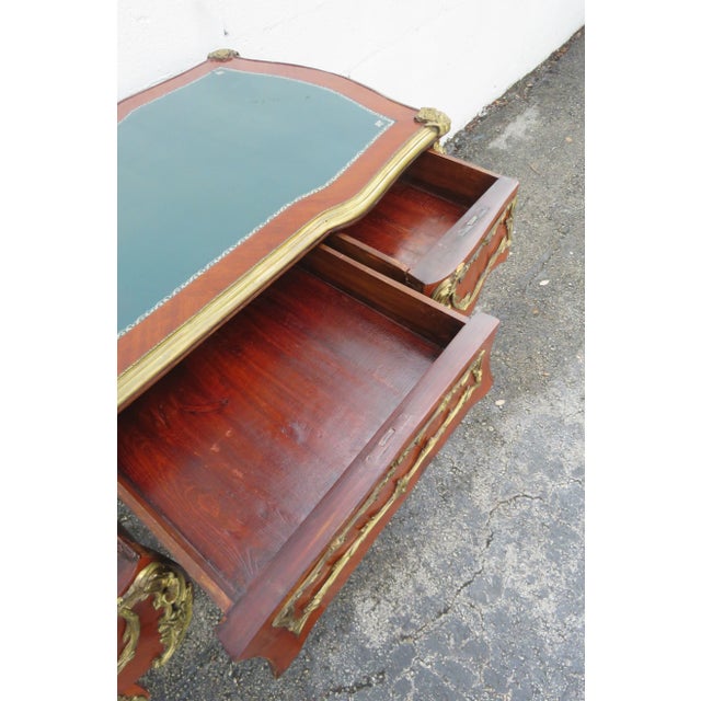 French Green Leather Top With Metal Accent Large Partner Desk 6117 For Sale - Image 4 of 18