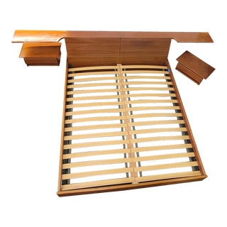 Vintage Danish Modern Dyrlund Bed With Floating Nightstands Teak Cal King Mid - Century Modern For Sale