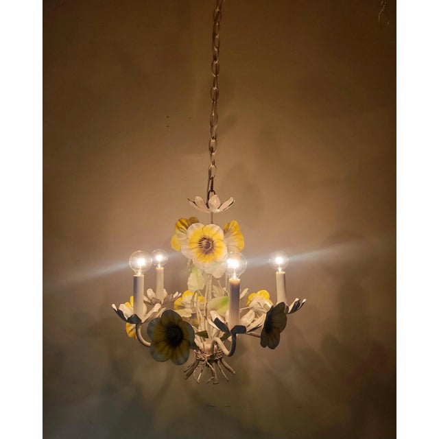 White Vintage Sunflower Tole Chandelier For Sale - Image 8 of 9