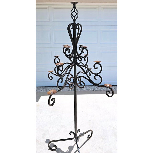 Monumental 13-Light Mexican Hand-Forged Wrought Iron Floor Candelabra – Spanish Colonial Hacienda Style, 65” Tall For Sale - Image 14 of 18