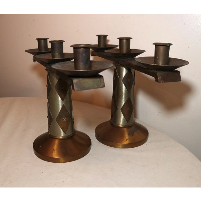Share Pair of 2 Vintage Bronze Arts & Crafts Altar Candlesticks Church Candle Holders For Sale - Image 10 of 11