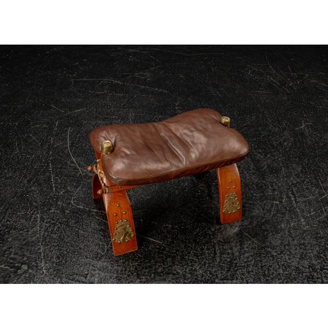 Moroccan Camel Saddle Stool in Stained Wood with Brass and Leather, 1980s For Sale - Image 6 of 18