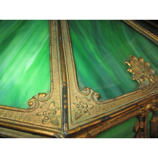 Early 1900s Antique Art Nouveau Green Stain Glass Ornate Metal Table Lamp For Sale - Image 9 of 12