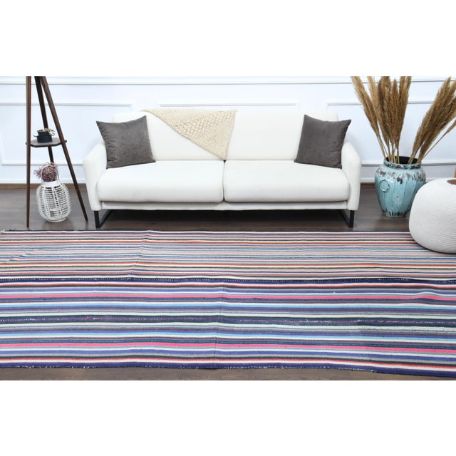 Art Deco 1970s Vintage Turkish Oushak Handmade Wool Cotton Blue Area Rug For Sale - Image 3 of 12