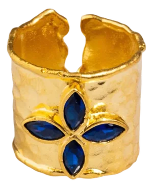 Floral Sapphire Stone Gold Band Design Statement Ring, Size 4