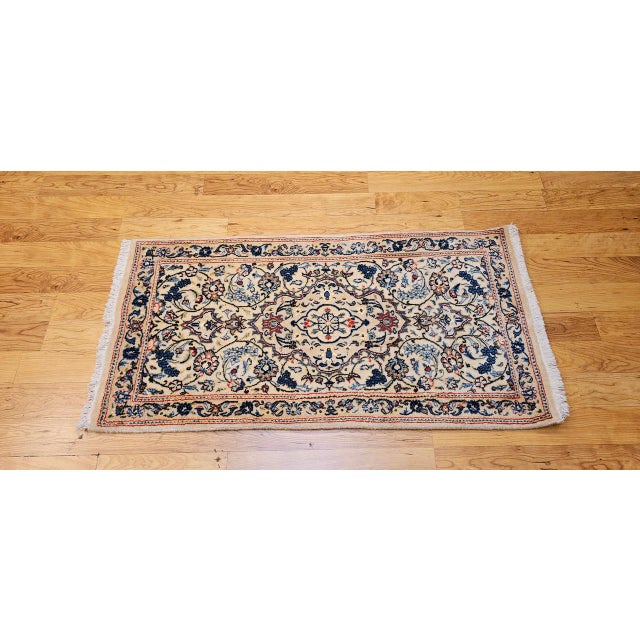 Vintage Persian Nain Area Rug, Hand-Knotted Wool & Silk, Floral Pattern, 2x4, Ivory & Blue For Sale - Image 4 of 13