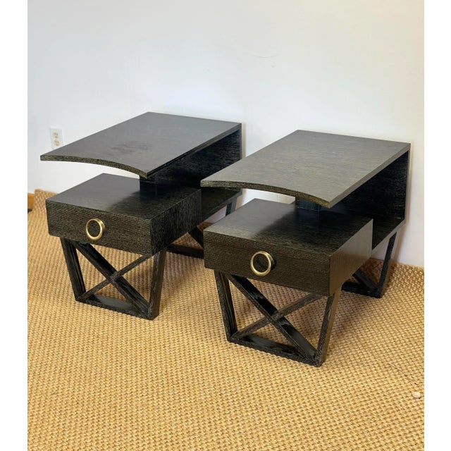 1990s Vintage Modern Cantilever Dark Green Cerused Nightstands or Side Tables – a Pair For Sale - Image 5 of 12