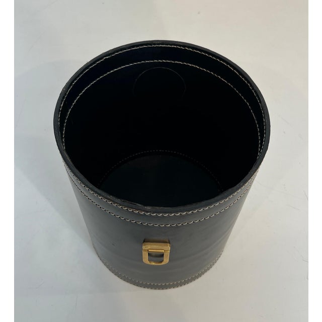 1970s Black leather and brass wastepaper basket in the style of Jacques Adnet For Sale - Image 6 of 12