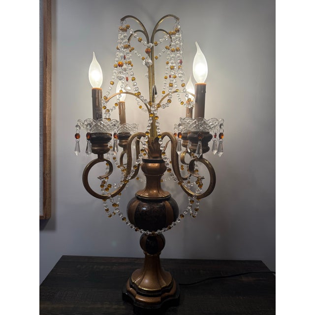 1970s Hollywood Regency Gold & Black Crystal Candelabra Table Lamp For Sale - Image 4 of 12