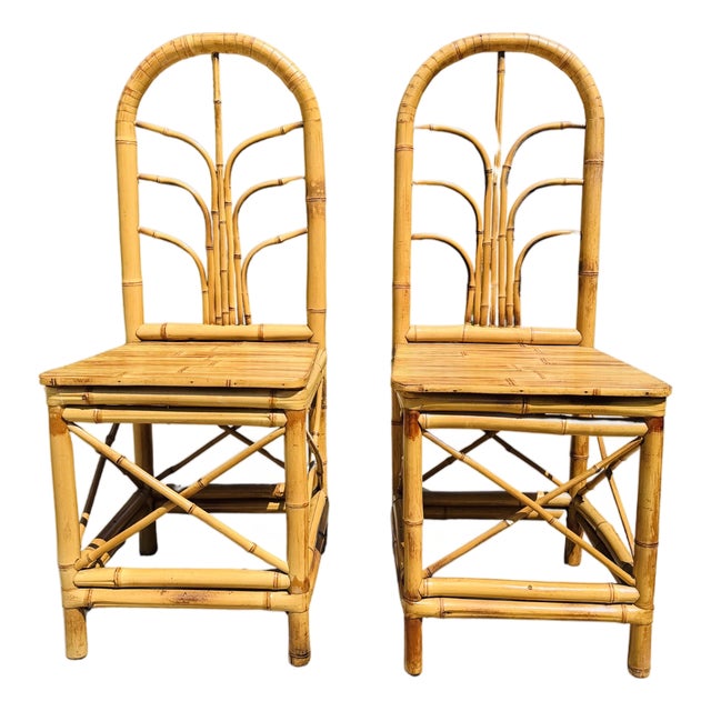 Pair of Vintage Hollywood Regency Bamboo & Rattan Dining Chairs | Palm Beach Coastal Chinoiserie Bent Bamboo High-Back Accent Chairs For Sale
