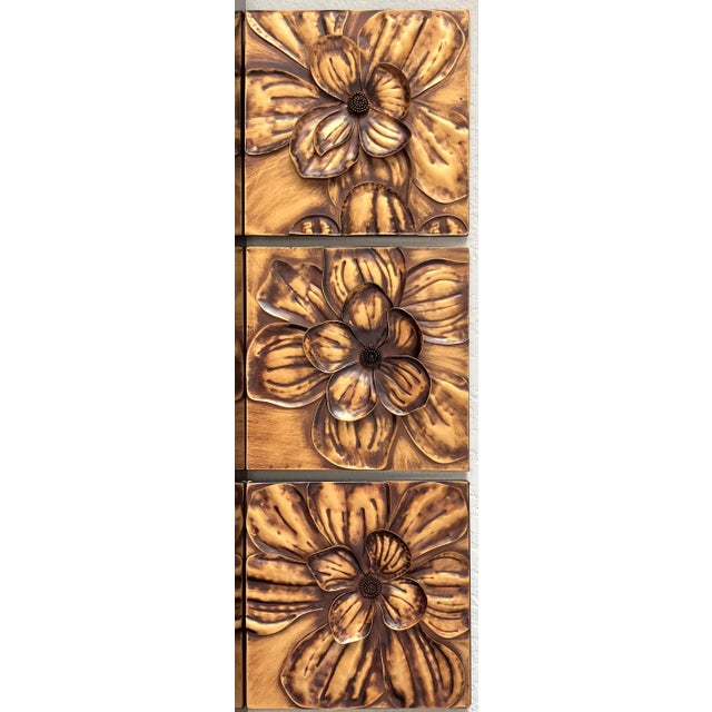 Art Nouveau Circa 2016 Applied Bas & High Relief-Style Metal Hibiscus Petals & Pistils Wall Art Plaques – Set of 3 For Sale - Image 3 of 17