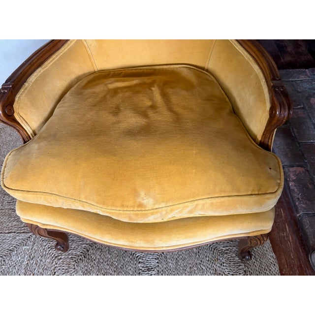 French Louis XV Bergere Chair Is Yellow Velvet and Down Seat, Signed For Sale - Image 9 of 15