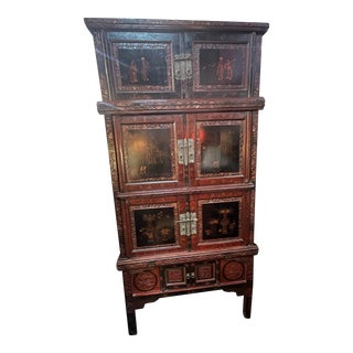 Antique 19th Century Chinese Wood Black Lacquer 3 Tiered Cabinet For Sale