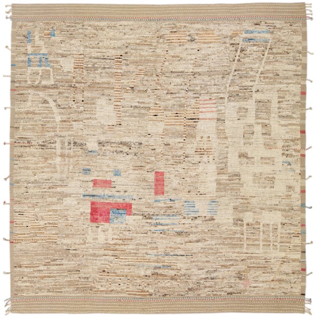 Beige Modern Boho Chic Moroccan Style Handmade Abstract Motif Wool Rug For Sale - Image 10 of 10