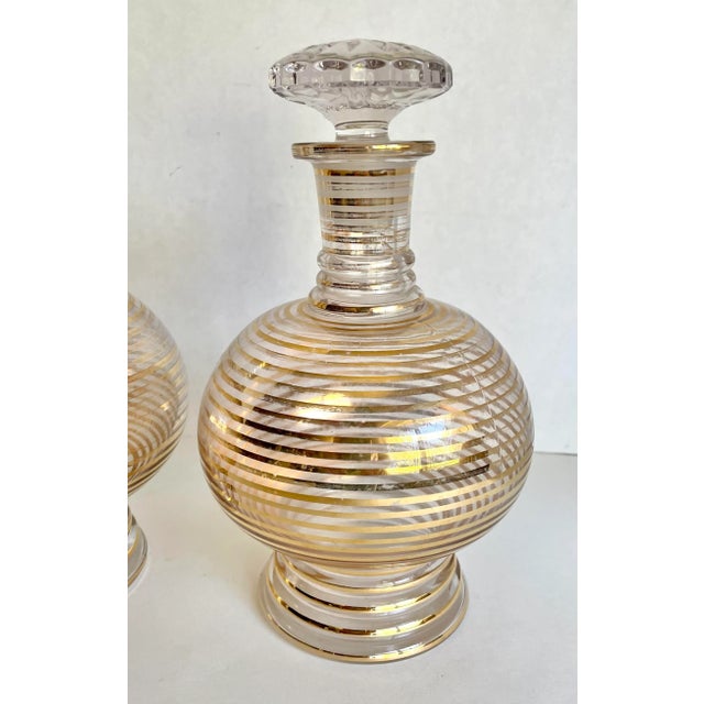 Metal Pair of Art Deco Gold Striped Glass Decanters For Sale - Image 7 of 12