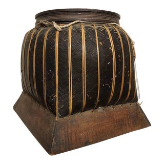 Antique Asian Rice Basket With Wooden Base For Sale