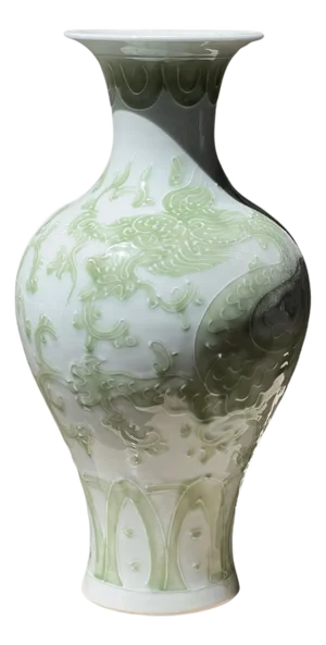 A Dragon Motif Porcelain Vase In Seafoam By Tozai, 20Th Century
