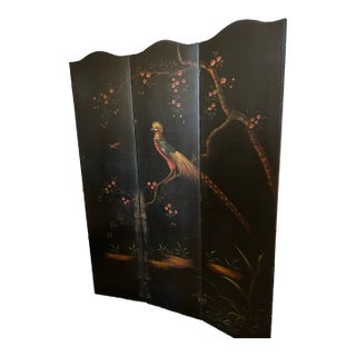 Antique Three Panel Screen With Painted Birds and Flowers. For Sale