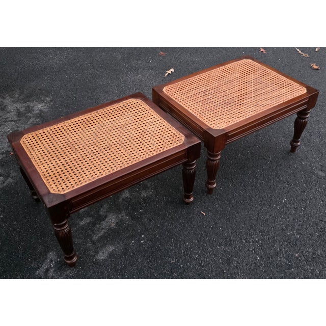 Pair of Vintage British Colonial-Style Hand-Caned Benches / Low Tables For Sale - Image 4 of 12
