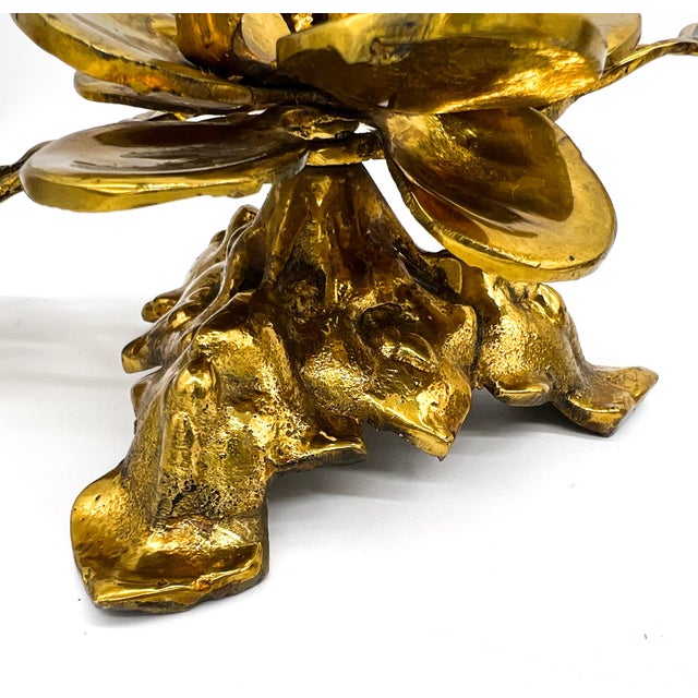 Vintage Pair Gold-Tone Metal Rose Candle Holders — Hollywood Regency / Maison Jansen Style For Sale - Image 10 of 12