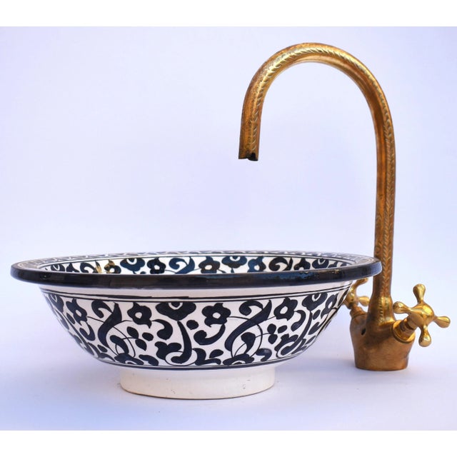 Moroccan Paint Bowl Black White Flower Ceramic Countertop Vessel Sink For Sale - Image 4 of 6