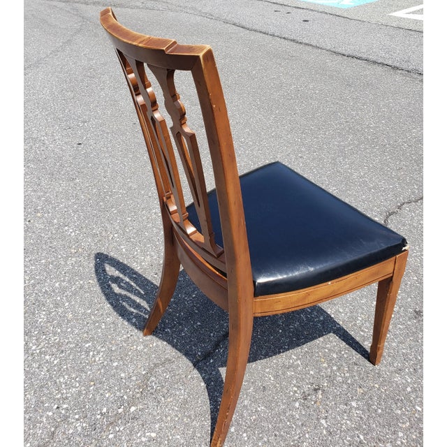 Tan Set of Four j.l. Metz Furniture French Walnut, Brass and Top Grain Cow Hide Leather Seat Dining Chairs For Sale - Image 8 of 9