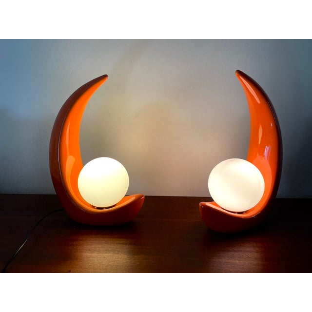 Pair of coral orange ceramic lamps signed Luigi Ferro (Italy 1970) one small chip (see photos) in very good vintage...
