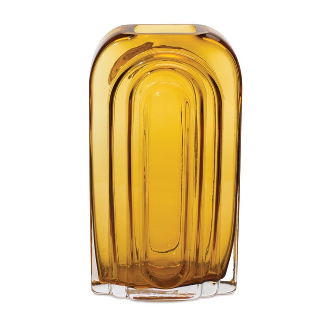 Elevate your decor with this stunning 9.75" amber glass vase, designed in a sleek mid-century modern style. With its warm...