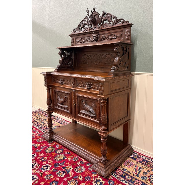 Antique French Renaissance Revival Hunt Buffet Server Sideboard Dark Oak 19c For Sale - Image 16 of 17