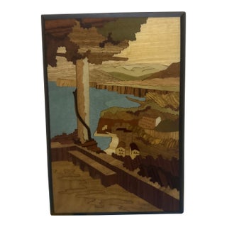 Vintage Italian Wood Marquetry Inlay Wall Art Coastal Village Scene Sorrento Plaque For Sale