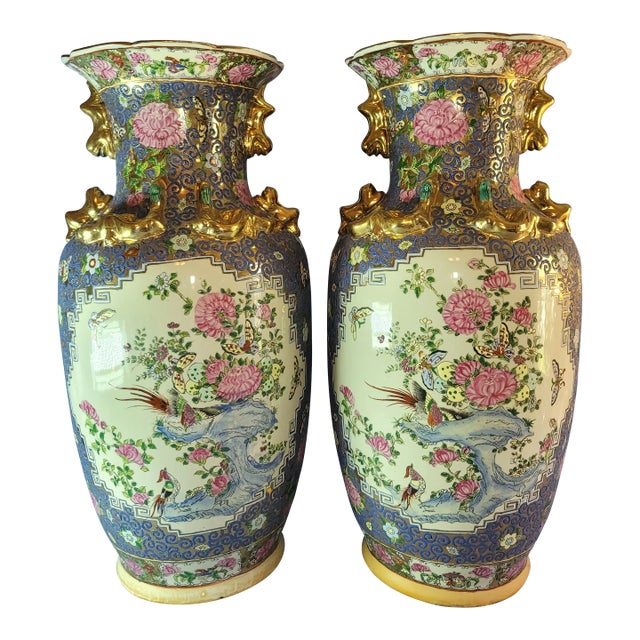 Antique Late 19th Century Hand Painted China Guangcai Gilt Floral Porcelain Sleeve Vessels - a Pair For Sale