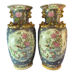 Antique Late 19th Century Hand Painted China Guangcai Gilt Floral Porcelain Sleeve Vessels - a Pair