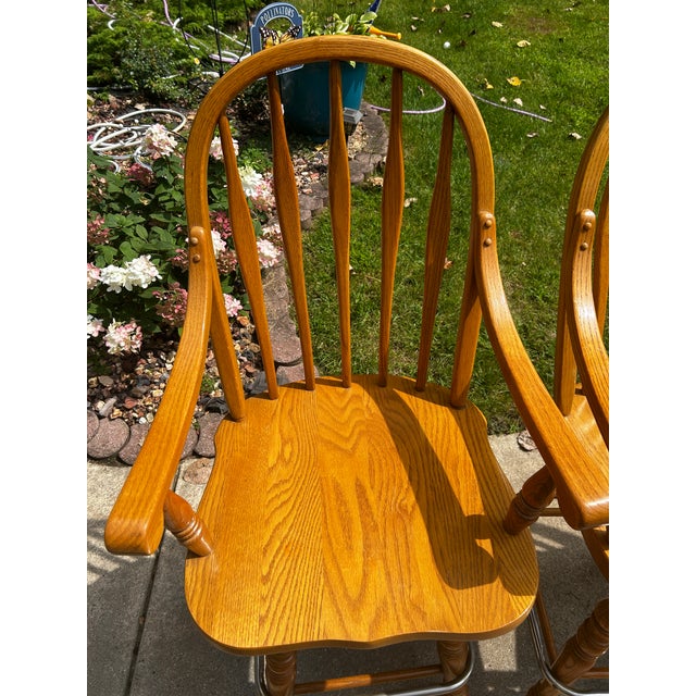 Vintage 1980s Virginia House Solid Oak Windsor Swivel Bar Stools - Set of 4 For Sale - Image 12 of 14