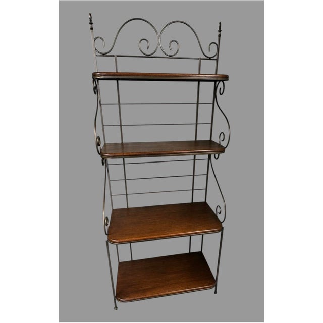 Metal Bakers Rack Wood Shelves Scrollwork Display Shelf Bookcase Plant Stand For Sale - Image 4 of 7