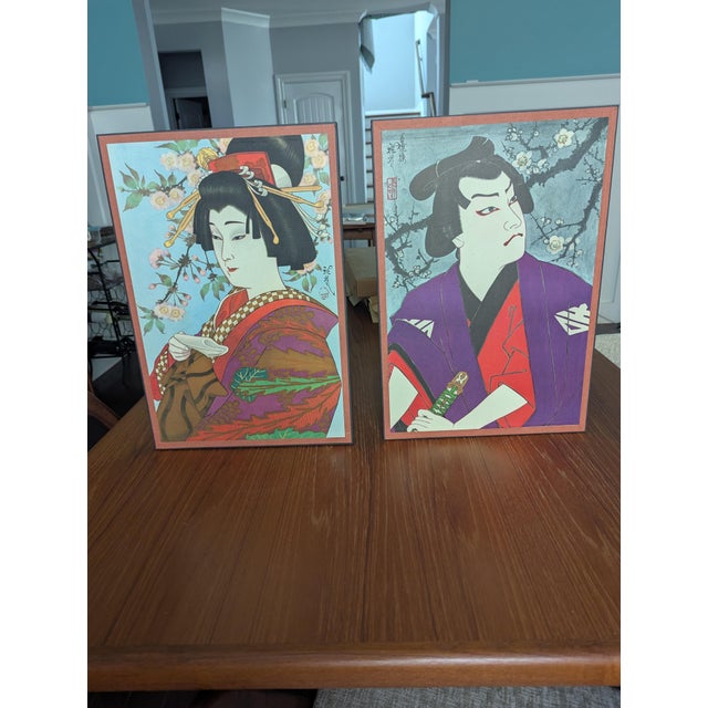 Signed 1974 Mitsuaki Ichikawa Kabuki Woodblock Prints — Deluxe Shikishi Pair For Sale - Image 4 of 17