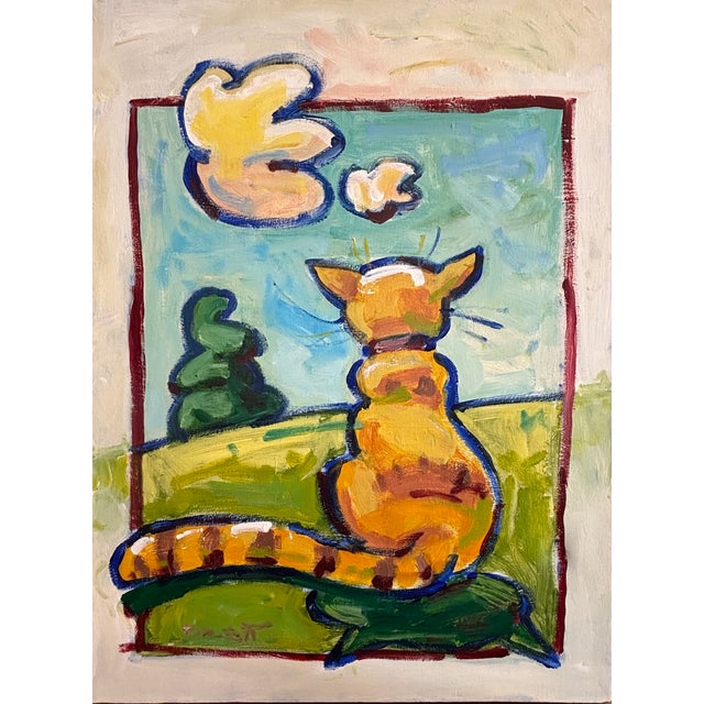 Pop Art cat in the landscape oil painting. Ready to hang on gallery wrapped canvas and signed illegibly by artist. Fun and...