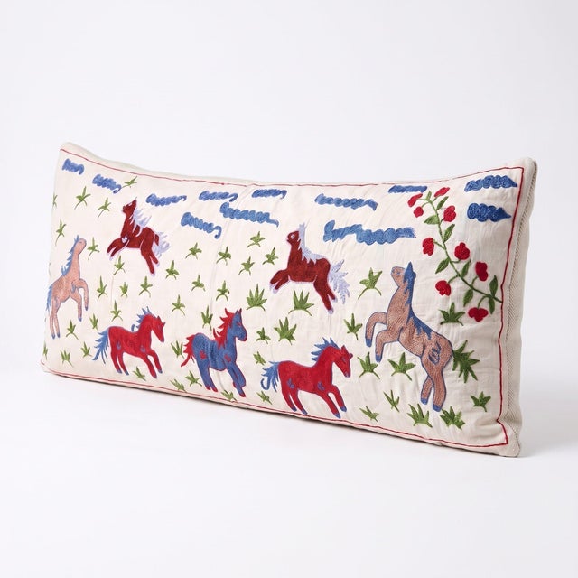 Mid-Century Modern Red Horse Suzani Lumbar Pillow Cover 18'' X 53'' For Sale - Image 3 of 4