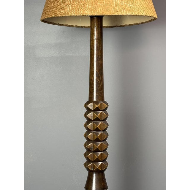 Wood Mid-Century Brutalist Art Deco Floor French Wood Turned Lamp in the Style of Charles Dudouyt, 1950s For Sale - Image 7 of 14
