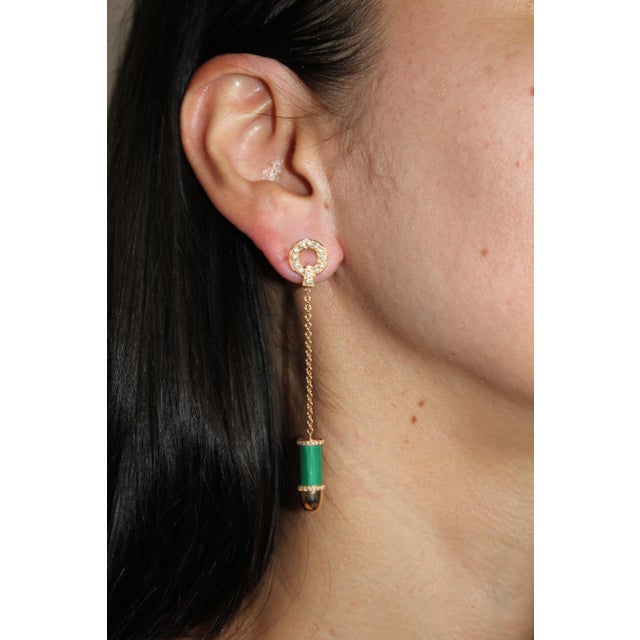 Diamond Green Malachite Pave Bullet 18 Karat Rose Gold Circle Drop Chain Earrings , A Pair For Sale - Image 4 of 13