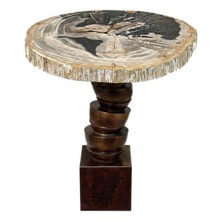 Modern Petrified Wood Side Table W/ Sculptural Metal Base. Late 20th C. For Sale