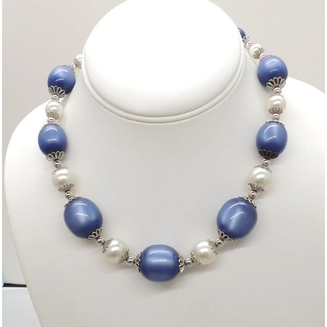 Vintage 1950s Signed Napier Rhodium Plated Blue Moonglow & Faux-Pearl Necklace For Sale In Philadelphia - Image 6 of 6