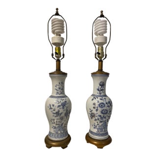 Vintage Blue & White Floral Coordinated Hand-Painted (Gold Accent) Individual Lamp For Sale