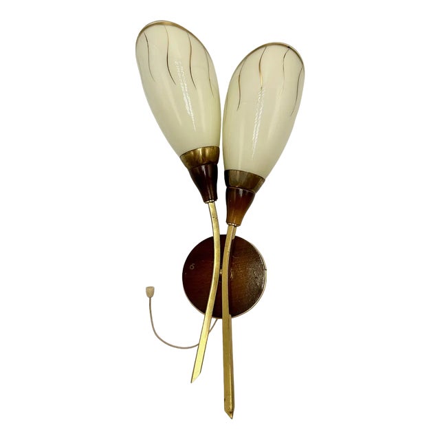 Mid-Century Wall Lamp in Brass and Wood, 1950s For Sale