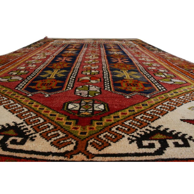 Traditional Antique Anatolian Geometric Red and Blue Wool Rug For Sale - Image 3 of 6