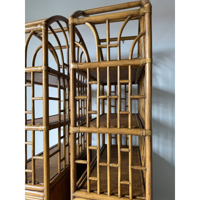 1970's Vintage Palm Beach Regency Arched Rattan Étagères With Cabinets – A Pair For Sale - Image 15 of 16