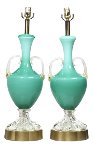 Mid Century Italian Murano Teal Cased-Glass Double-Handled Urn-Form Lamps - Pair